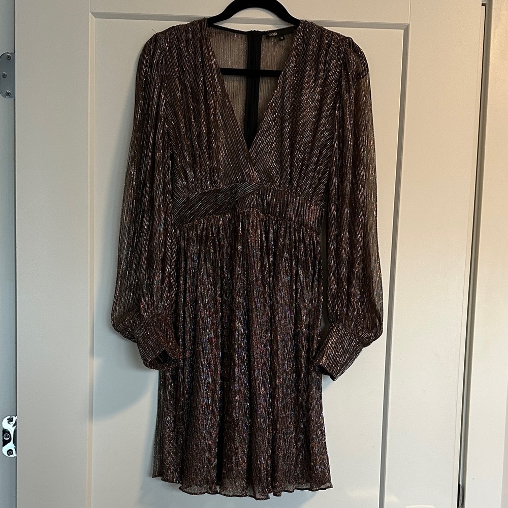 Maje Metallic Brown Pleated V-Neck Long Sleeve Dress